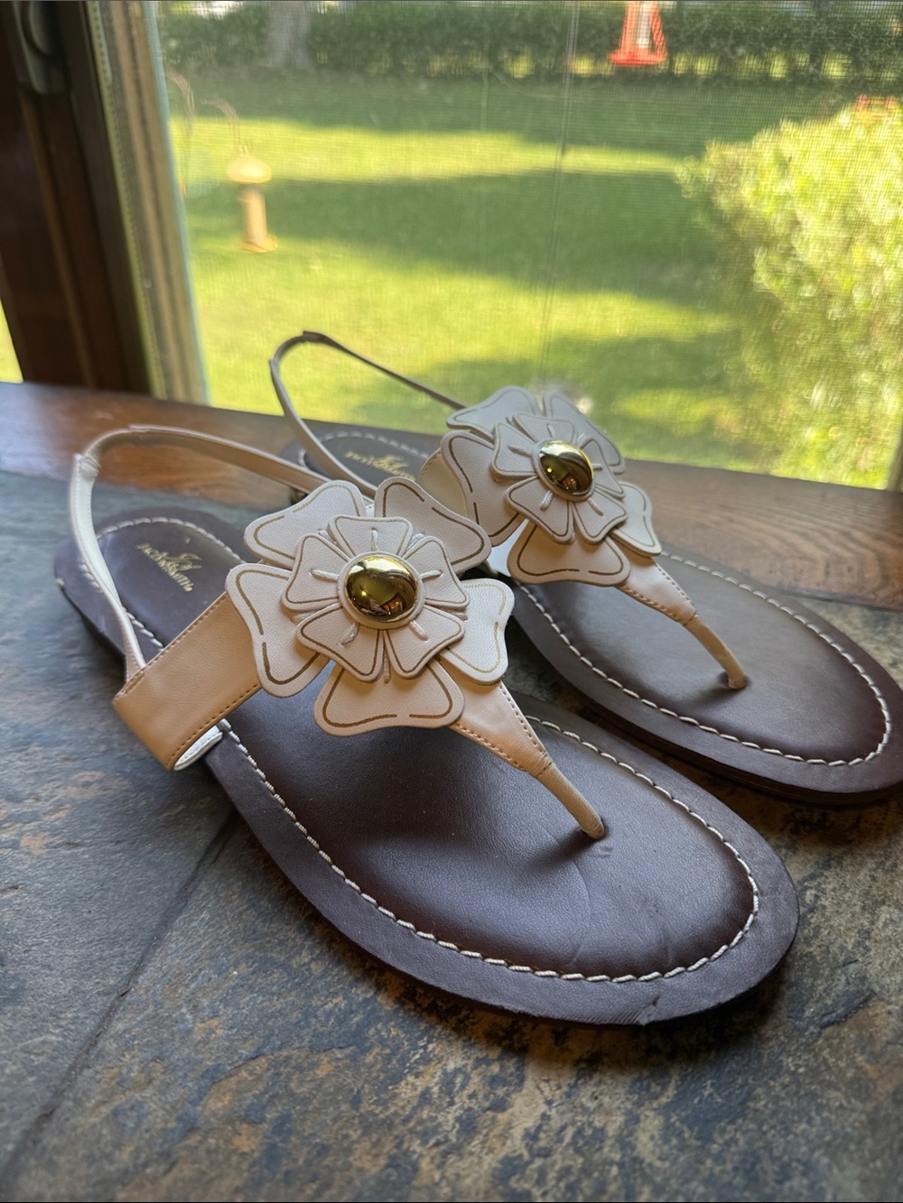 Jaclyn Smith Cream Floral Thong Sandals with Gold Accent